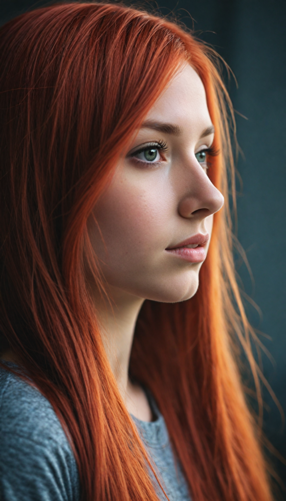 a realistic, detailed, dynamic photography from a beautiful young teen (Emo girl), with (detailed red long soft straight hair), looking into the camera, dynamic cinematic lights, perfect detailed face, side view, (close up portrait), (stunning), (gorgeous), (grey background)