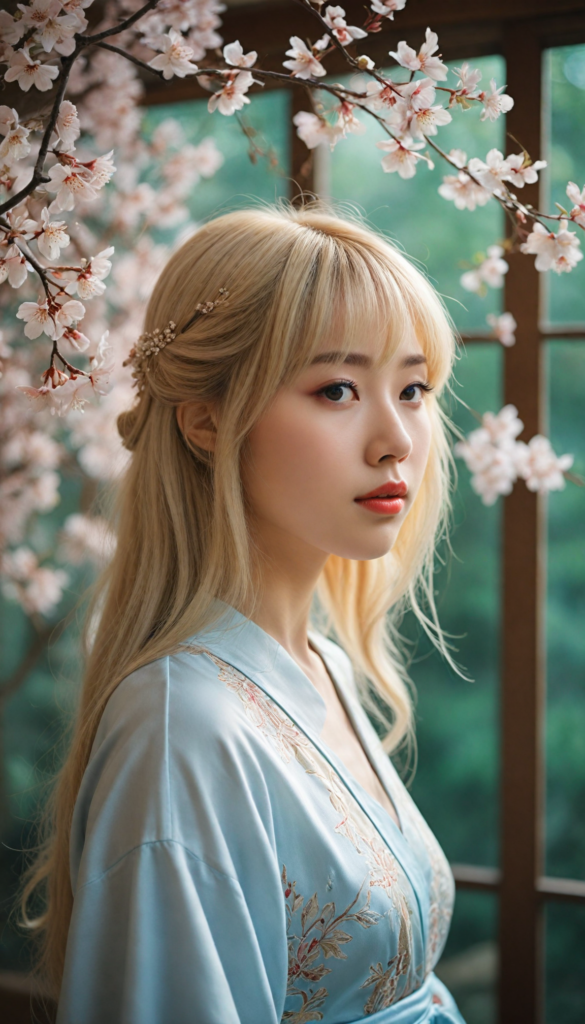 create a stunning and intricate side view portrait of a Japanese girl with flowing, silky blonde hair that cascades down her back. Her straight locks frame her round face, accented by delicate bangs. She gazes in astonishment, her light blue eyes wide and sparkling, with a hint of mischief, while her full red lips are slightly parted in surprise. Bathed in soft, ethereal light, the scene captures perfect shadows that play across her features, enhancing her natural beauty. She wears a black, softly draped t-shirt, adding a contemporary and elegant touch. In the background, a watercolor wash of pastel colors subtly blurs, echoing the serenity of a Japanese garden, with hints of cherry blossoms and vibrant greenery. The overall ambiance evokes a dreamy, whimsical atmosphere reminiscent of the works of Yoshitaka Amano, blended with the fluidity of Art Nouveau