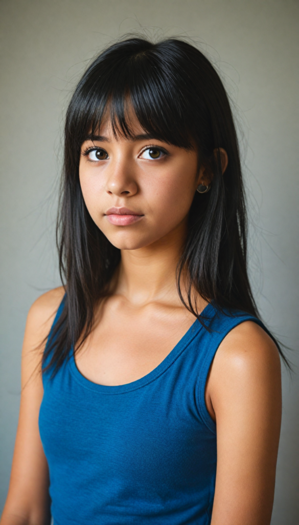 super realistic, 4k, detailed face, cute young Latino teen girl, long obsidian black straight soft hair, bangs cut, wear a blue crop tank top, looks at the camera, portrait shot, super realistic amber eyes