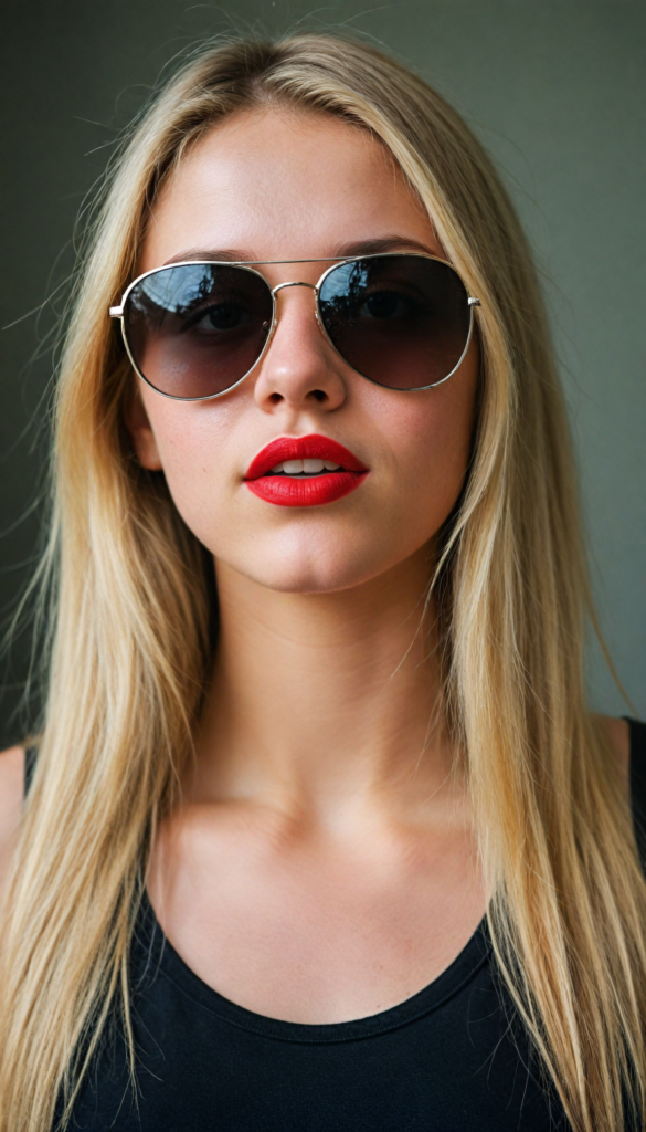 a cute young teenage girl with long straight blond hair wears sunglasses. She has full, red lips and wears a black, tight tank top which perfectly emphasizes her perfect body, accentuating her (navel) and (soft, youthful thighs)