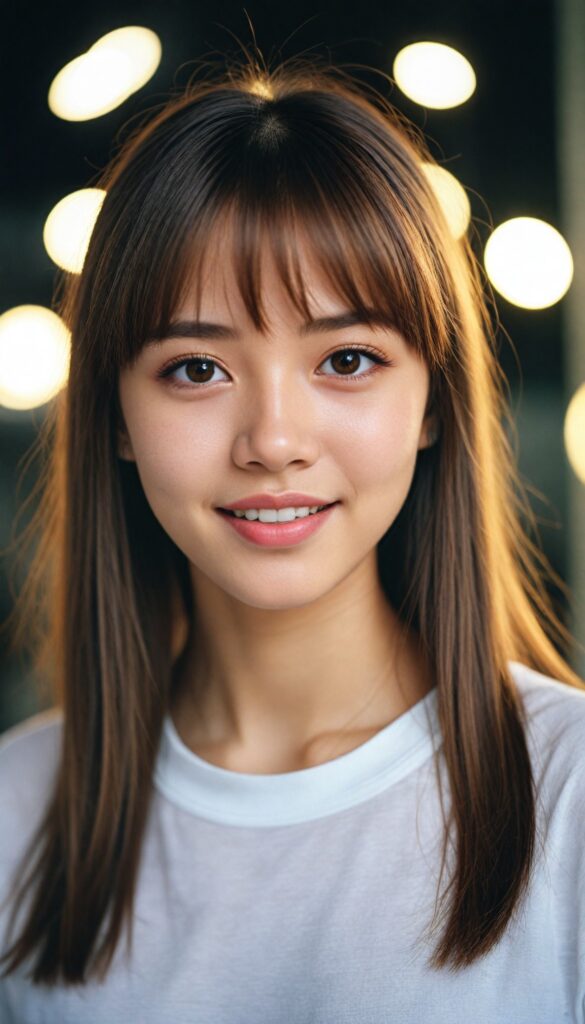 a portrait of (cute) Asia teen girl (long, straight light brown hair, bangs), (stunning), beautifully realistic, cinematic lights, realistic detailed angelic round face, (realistic detailed amber eye) looks happy at the camera, perfect curved body, (wears a super short tight (white t-shirt)), perfect anatomy, side perspective