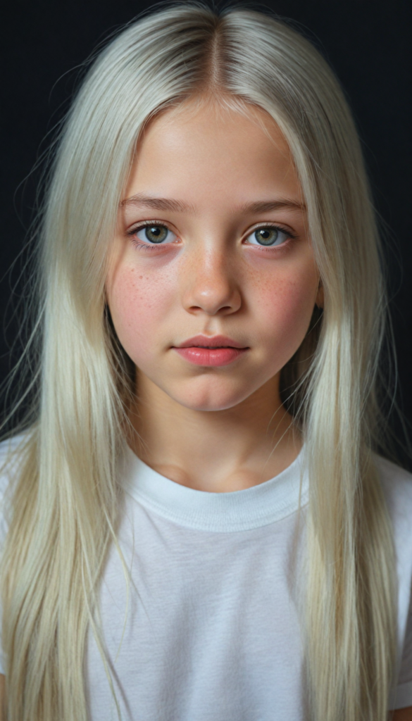 (portrait), detailed pencil drawing, silvery-skinned (young innocent girl), long soft straight platinum hair, white t-shirt