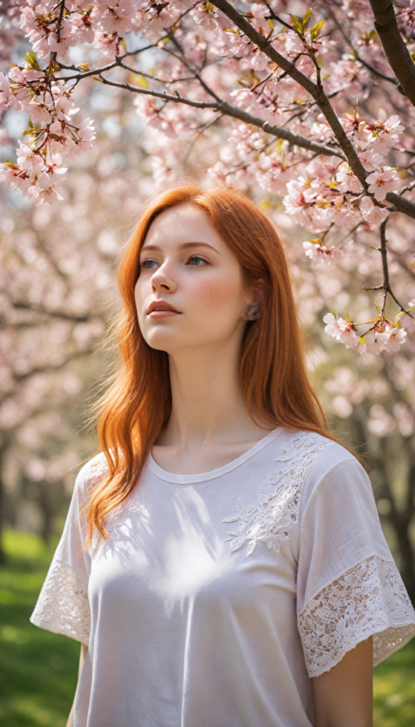 upper-body portrait, a whimsical scene featuring a serene red-haired teen girl with straight hair flowing gently in the breeze, dressed in a delicate light pink, fitted t-shirt adorned with subtle lace details. She is posing, surrounded by blooming cherry blossom trees, with petals drifting gracefully around her. Her expression radiates innocence and curiosity as she gazes at a brightly colored butterfly that flits nearby, capturing the essence of a dreamy spring afternoon, reminiscent of a watercolor painting in the style of Claude Monet.