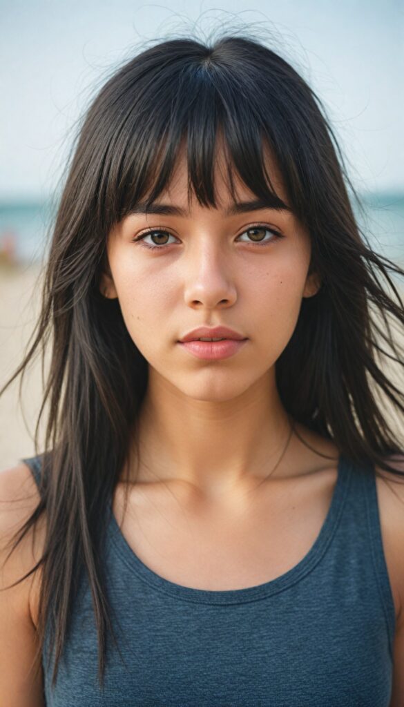 a realistic, detailed face, (super cute) (petite), (emo teen girl) with long, flowing (dark grey super soft hair, bangs), (dark crop tank top), (vividly drawn full kissable lips), all against a backdrop of a (serene, sandy beach)