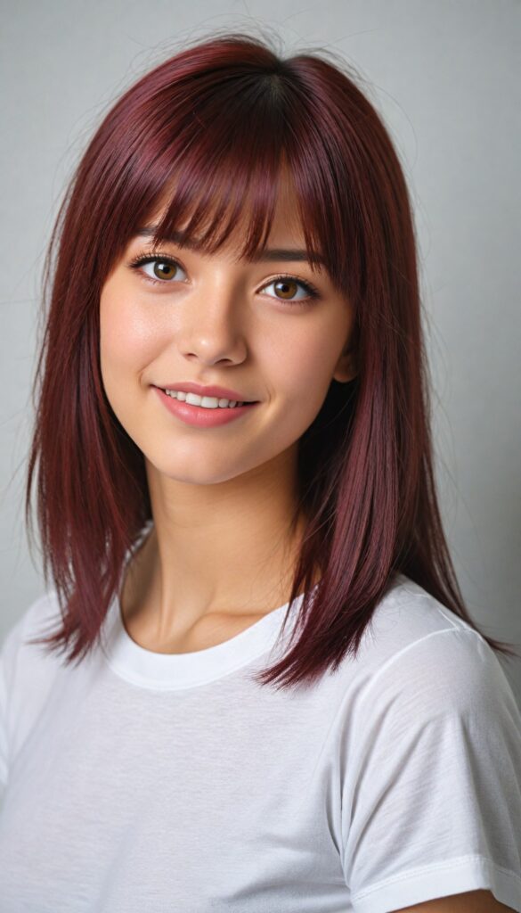 cute teen girl, detailed straight hair, styled bangs, white tight short t-shirt, perfect curved body, ultra realistic face, realistic amber eyes, detailed maroon straight hair, a stunning photo with beautiful saturation, ultra high resolution, deep shadow, (best quality, masterpiece), highly detailed, looking at viewer, warm smile, ultra realistic, side shot, white background, full body shot