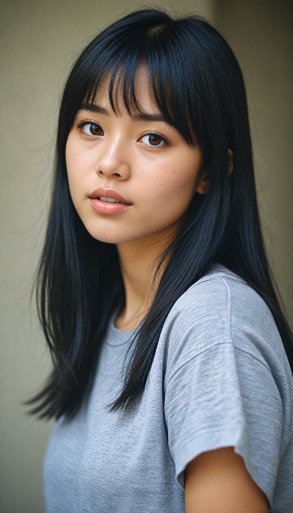 a stunningly detailed (photograph) representing a (Asian girl) with intricate, realistically drawn features like dynamically detailed straight long flowing black hair with bangs framing her face, full lips, eyes looking seductively with mouth slightly open, striking realistic and detailed eyes all against a sophisticated, softly lit (background) where she wears a modern minimalist grey t-shirt