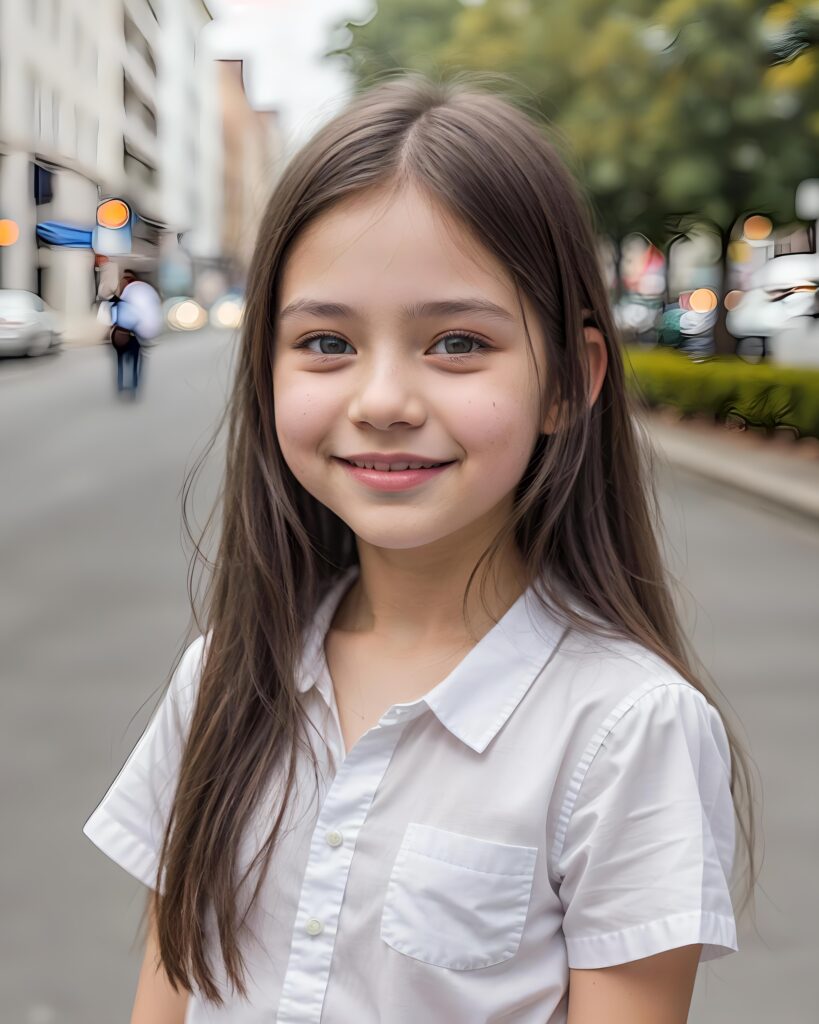 perfect portrait, very cute young girl, white shirt, smile, detailed straight hair, brown eyes