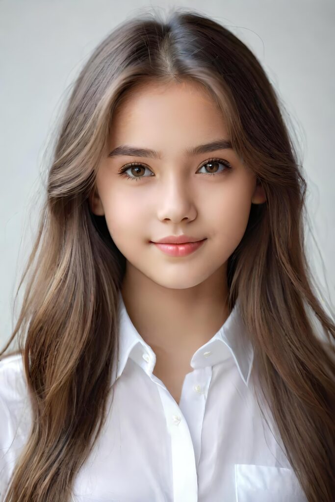 super realistic, detailed portrait, a beautiful young girl with long hair looks sweetly into the camera. She wears a white shirt.