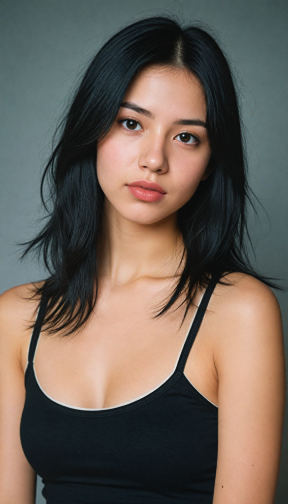 a (young girlie), wears a short cropped black tank top, straight soft long black hair, (round face), full kissable lips, round eyes, perfect skin