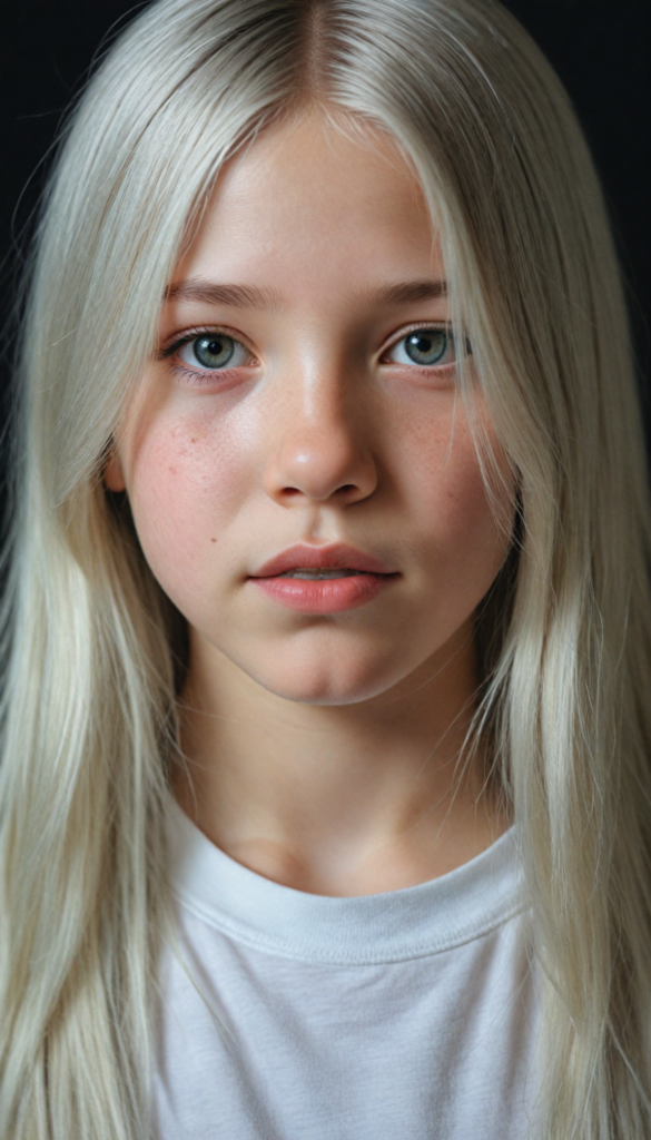 (portrait), detailed pencil drawing, silvery-skinned (young innocent girl), long soft straight platinum hair, white t-shirt