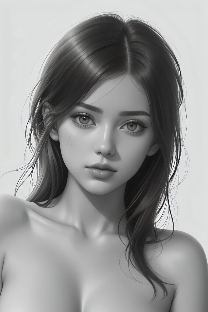 super realistic, detailed, ((gorgeous)) ((stunning)) cute young breasted girl, full portrait, 18 years old, charcoal drawing