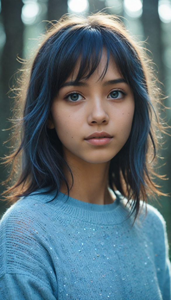 a whimsically illustrated (brown-skinned teen emo girl) with cascading, gently waving (straight hair) framed by playful side bangs, illuminated by a mesmerizing iridescent light blue complexion that subtly glimmers, her eyes reflecting a profound sense of melancholy and emotional detachment, surrounded by ethereal wisps of fog that dance in the softly fogy (backdrop), reminiscent of a surreal dreamscape, hinting at an otherworldly atmosphere inspired by the art styles of Tim Burton and Yoshitaka Amano, she wears a light blue sweater made of super fine wool