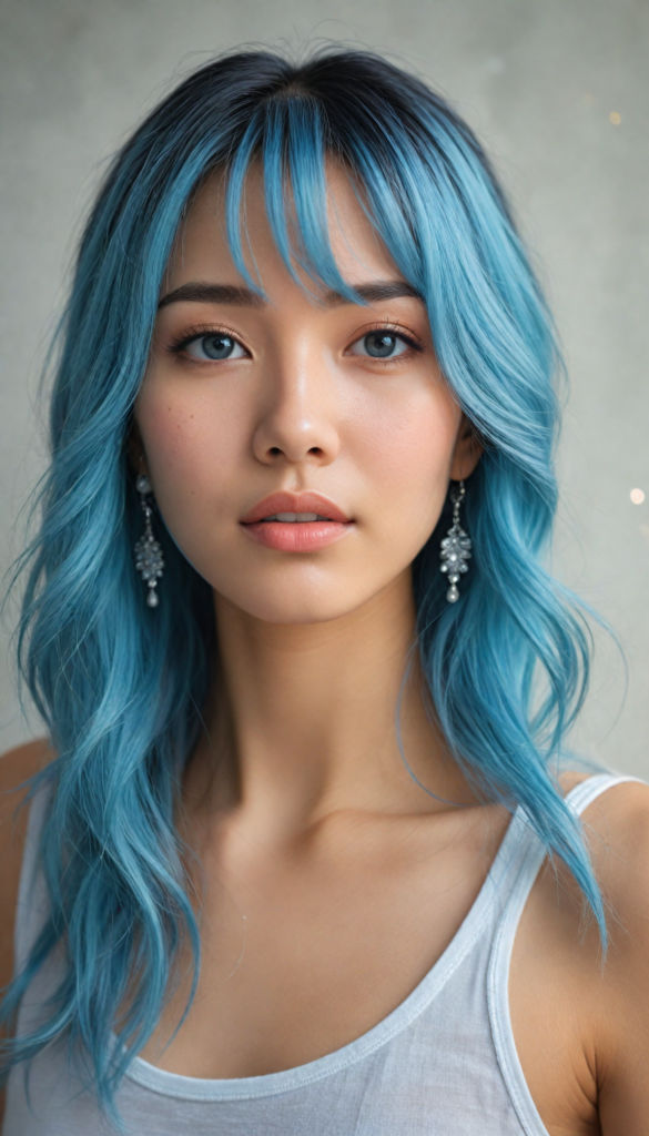 hyper-realistic, intricately detailed portrait of a stunning young Asian woman with flowing, soft blue hair cascading down her shoulders, caught in an ethereal glow. Her enchanting round eyes sparkle with depth and emotion, inviting the viewer into her world. She wears a delicate, flowing white tank top that hints at elegance, accessorized with shimmering silver earrings. The background features a dreamlike bokeh of soft pastel colors, blending seamlessly to enhance her beauty, with hints of floral motifs echoing a whimsical fairytale vibe. The lighting is warm and inviting, casting gentle shadows that accentuate her features, creating a sense of serenity and charm.