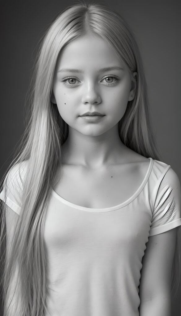 ((portrait)), detailed pencil drawing, silvery-skinned (((young girl))), long straight platinum hair, white shirt