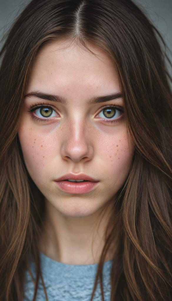 an upper body portrait from a beautiful teen emo girl with long, soft brown straight hair framing her face in gentle waves and amber eyes, tears silently flowing down her pale skin, expression conveying a profound sense of sadness and loneliness against a gray backdrop