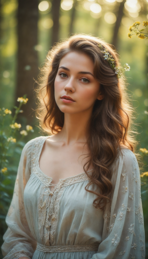 a dreamlike portrait of a stunning girl, her features softly illuminated with a warm, golden glow, enveloped in a delicate, ethereal haze that swirls around her like mist in a twilight forest, reminiscent of a 1970s romantic novel cover; her hair flows like liquid gold, adorned with wildflowers, as she gazes thoughtfully into the distance, embodying a sense of serene enchantment and nostalgia, capturing the whimsical elegance of a vintage art style reminiscent of classic fairy tales, blending realism with surrealism in a soft, painterly texture.