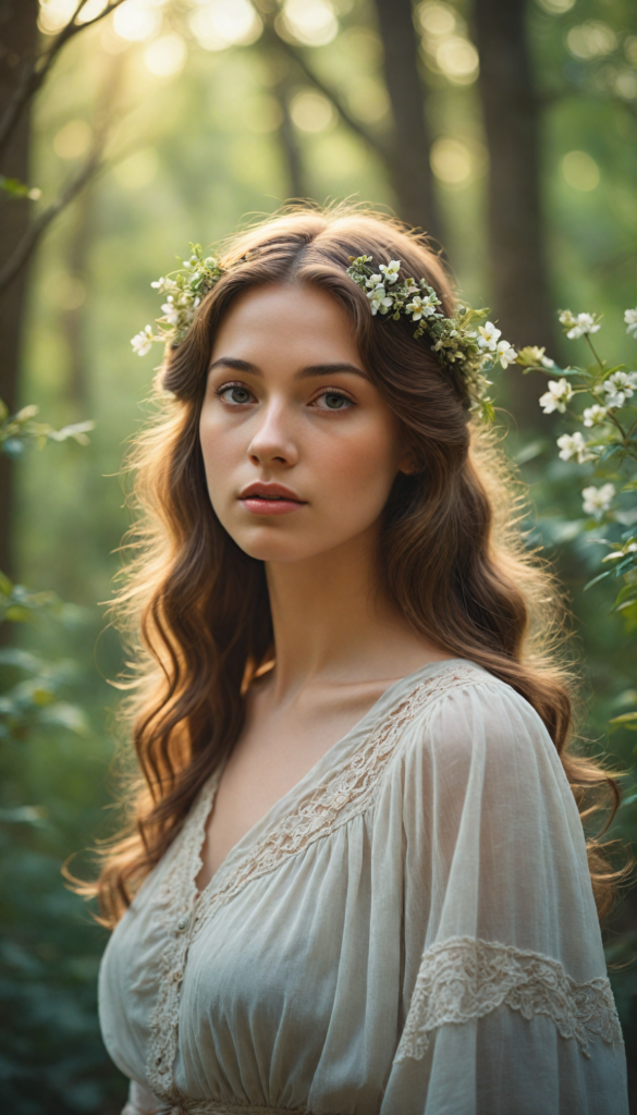 a dreamlike portrait of a stunning girl, her features softly illuminated with a warm, golden glow, enveloped in a delicate, ethereal haze that swirls around her like mist in a twilight forest, reminiscent of a 1970s romantic novel cover; her hair flows like liquid gold, adorned with wildflowers, as she gazes thoughtfully into the distance, embodying a sense of serene enchantment and nostalgia, capturing the whimsical elegance of a vintage art style reminiscent of classic fairy tales, blending realism with surrealism in a soft, painterly texture.