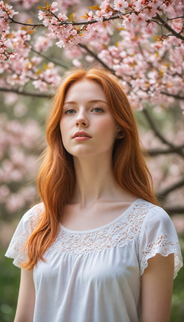 upper-body portrait, a whimsical scene featuring a serene red-haired teen girl with straight hair flowing gently in the breeze, dressed in a delicate light pink, fitted t-shirt adorned with subtle lace details. She is posing, surrounded by blooming cherry blossom trees, with petals drifting gracefully around her. Her expression radiates innocence and curiosity as she gazes at a brightly colored butterfly that flits nearby, capturing the essence of a dreamy spring afternoon, reminiscent of a watercolor painting in the style of Claude Monet.