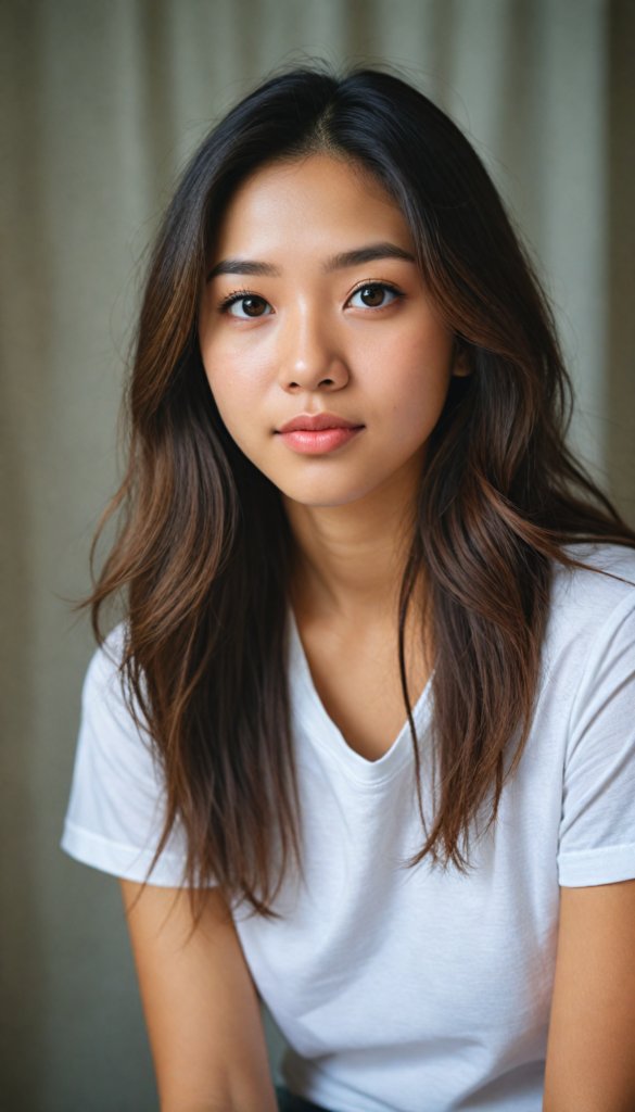 a (stunningly elegant and cute long, straight hazelnut hair) Asian (teen girl) with a (realistically detailed angelic round face) and (realistically detailed hazelnut eyes) looking pensively at the camera in a (perfectly drawn portrait shot) against a (flawlessly detailed, realistic skin color) backdrop, wearing a (super short, tight white t-shirt made on thin silk), her flawless form elegantly framed by a side perspective, without any (background details)