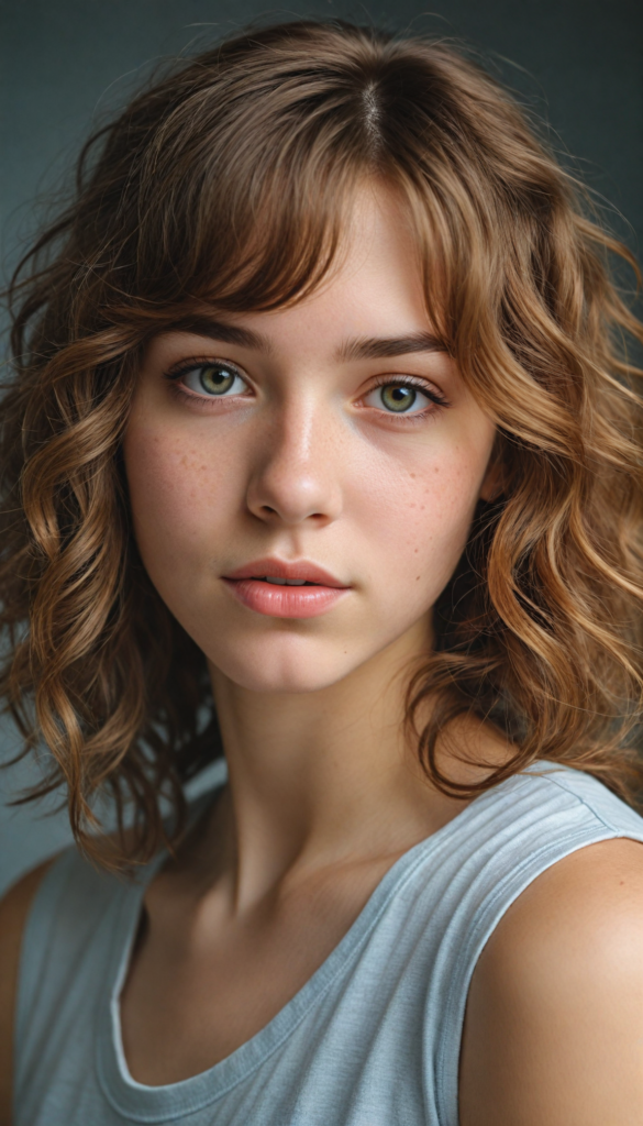 a (beautifully drawn full body portrait) of a (young teen girl with long, messy, straight hair), capturing a (stunningly realistic) curl pattern), advanced facial features that exude cuteness, like (baby-doll eyes), a cropped bang haircut that frames her face, hair color that mimics (hazelnut) tones, a detailed yet angelic complexion, looking directly into the camera, a (side profile portraits), with impeccably drawn curves and contours that match her figure, against a (softly contrasting white backdrop), a short, sleeveless top and super short, cuffed pants that accentuate her (flawless anatomical proportions)