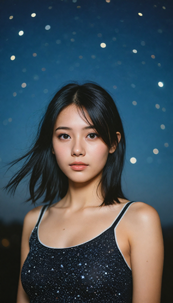 generate a photorealistic upper body image of a (realistically drawn passionate emo girl with long soft black straight hair, wears a short form-fitting cropped tank top, caught in a moment of surprise) featuring intricate details and realistic textures that mimic the look of (amber eyes), paired with a (starry night sky) backdrop. The scene should embody the (passionately emotive style) associated with the name, bringing together the (softly twinkling starlight) and (deeply felt emotional depth) that define this captivating aesthetic