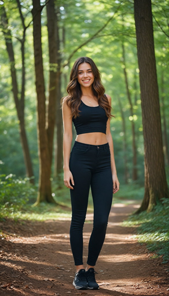 (full body) (cute) (stunning) (young) busted model girl, free flowing long brown jet hair, (perfect curved body), and (seductive warm smile), wears (low cut short black sport top), forest in backdrop