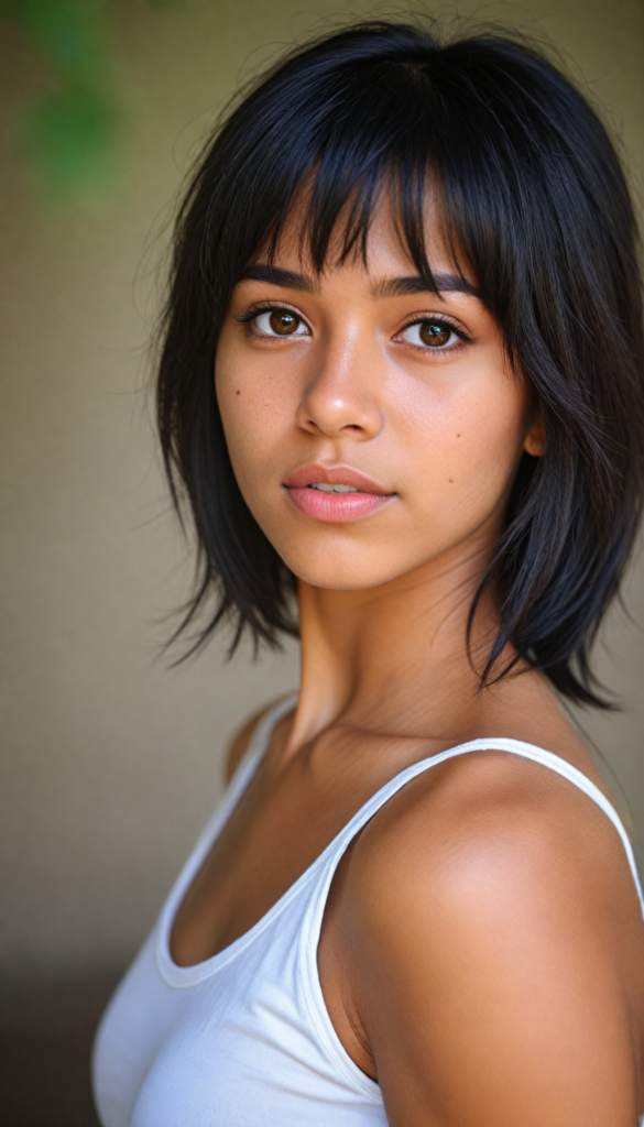 a beautifully close-up portrait (brown-skinned young well busty teen girl) with softly (straight black hair) framing her face in side bangs, full lips, (full body), she wears a white tank top, perfect curved body, in a dessert