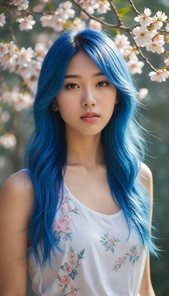 a hyper-realistic, intricately detailed portrait of a stunning young Asian girl with flowing, sapphire-blue hair that cascades like silk. Her gentle gaze is both playful and introspective, inviting the viewer into her world. She wears a delicate white tank top adorned with subtle floral embroidery, which softly contrasts with the vibrant hues of her hair. The background is a dreamy blend of soft pastel colors, evoking a serene atmosphere, with hints of sunlight filtering through a cherry blossom tree, adding a touch of ethereal beauty to the scene.