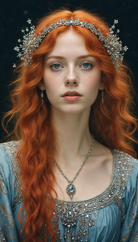 (ethereal portrait), intricately detailed pencil drawing, a silvery-skinned (young teen girl) with cascading, fiery-red hair illuminated by an otherworldly glow, her eyes reflecting the cosmos, adorned with delicate silver jewelry that twinkles like stars, set against a deep, velvety black background that enhances her luminous presence, reminiscent of the works of Alphonse Mucha and Gustav Klimt