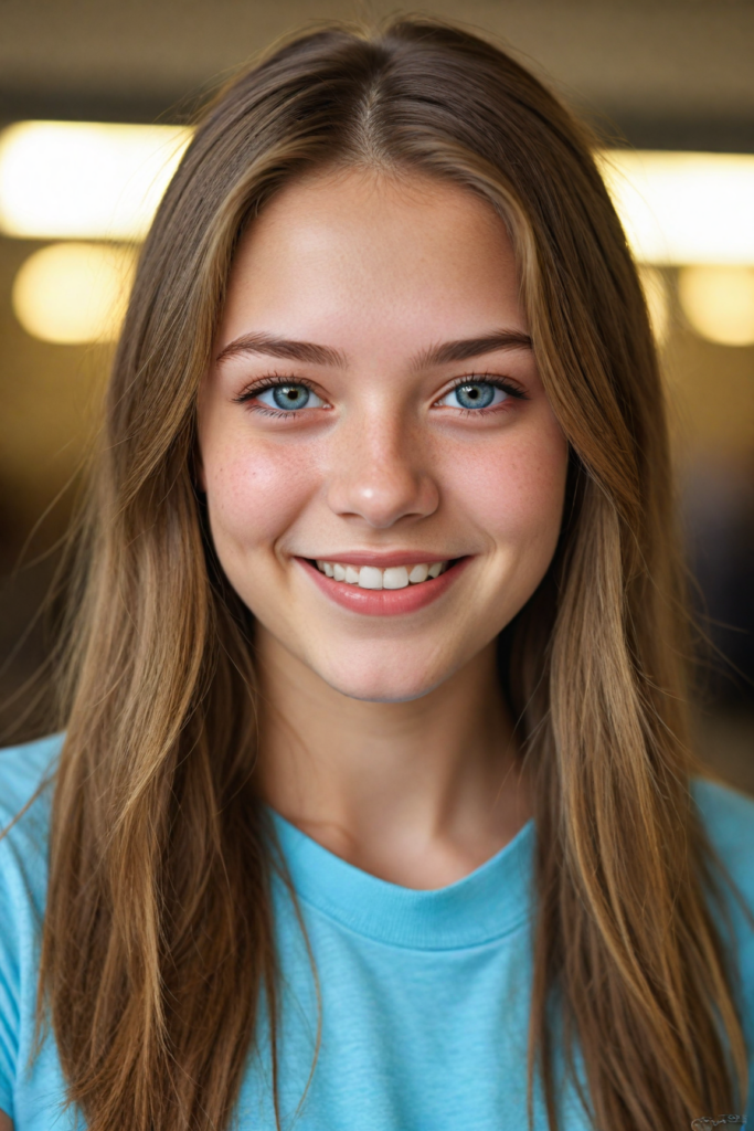 a very detailed and realistic portrait of a (cute teen girl), (long yet straight light brown hair), (realistic detailed brown eyes), (full kissable lips), (realistic detailed, light amber eyes), (face illuminated), perfect curved fit body, she wears a light blue t-shirt, smile