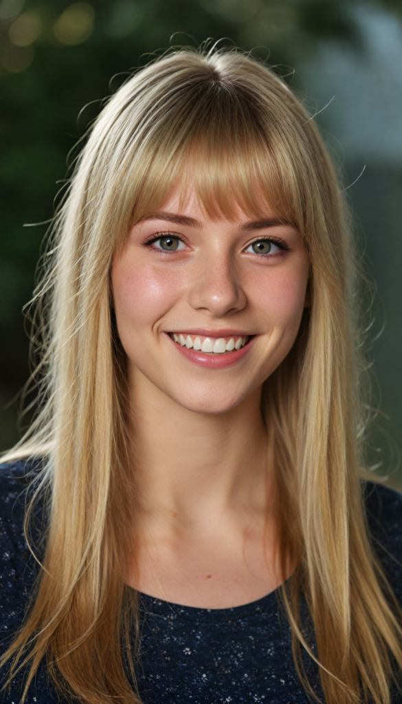 a beautiful stunning and gorgeous (teen girl) with blonde soft very long hair, bangs, amber eyes, smile, styled in a sleek, short-cropped top, (vividly realistic photo), set against a dimly lit environment that softly highlights her features