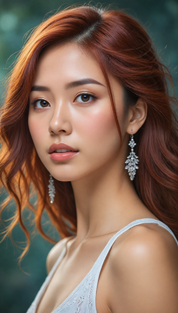 hyper-realistic, intricately detailed portrait of a stunning young Asian woman with flowing, soft red hair cascading down her shoulders, caught in an ethereal glow. Her enchanting round eyes sparkle with depth and emotion, inviting the viewer into her world. She wears a delicate, flowing white tank top that hints at elegance, accessorized with shimmering silver earrings. The background features a dreamlike bokeh of soft pastel colors, blending seamlessly to enhance her beauty, with hints of floral motifs echoing a whimsical fairytale vibe. The lighting is warm and inviting, casting gentle shadows that accentuate her features, creating a sense of serenity and charm.