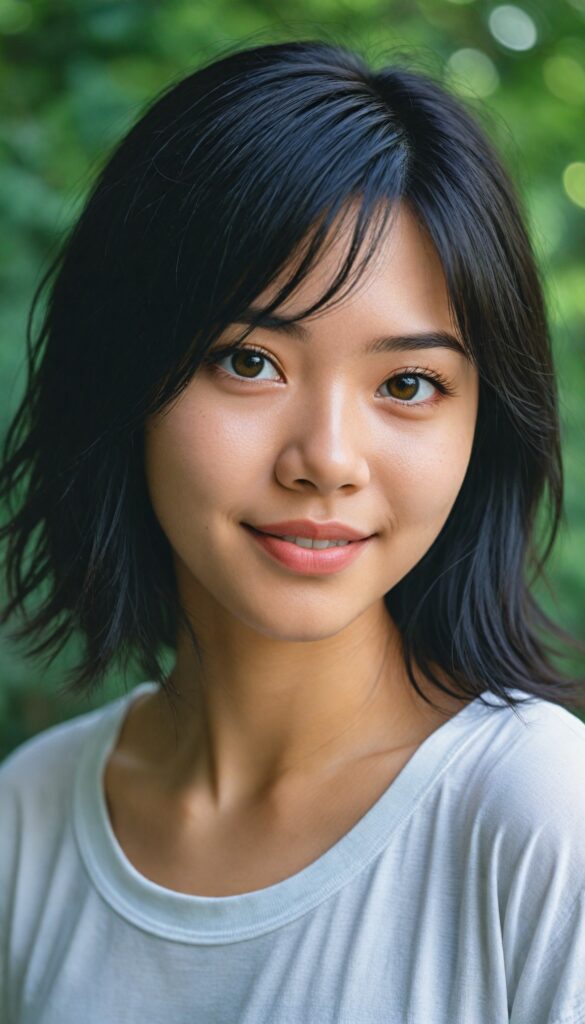 a detailed and realistic photo from a (cute) young Japanese girl (long, messy straight obsidian black hair), (stunning), (gorgeous), beautifully realistic, cinematic lights, realistic detailed angelic round face, (realistic detailed amber eye) looks happy at the camera, perfect curved body, (wears a super short tight (white t-shirt)), perfect anatomy, side perspective, against a sunny green backdrop