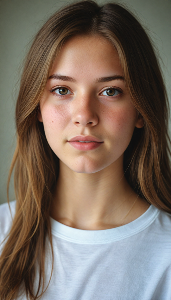 detailed and realistic photo from a young teen girl, soft brown hair, close up portrait, white t-shirt, (gorgeous) (stunning)