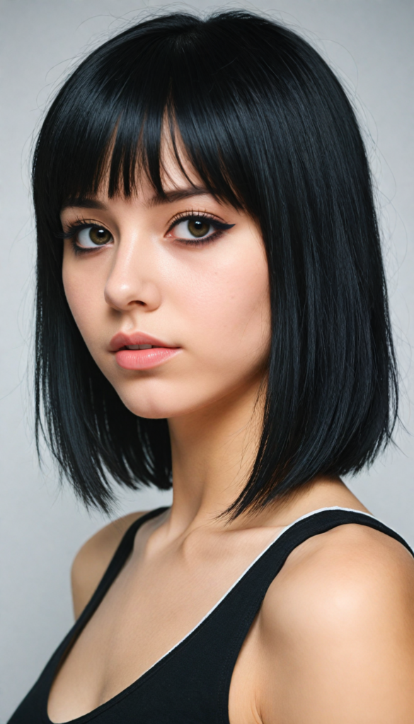 a innocent (young Emo teen girl), straight black hair, (round face), bob bangs cut, black eyeliner, looks seductive, black cropped tank top, (white background), front view