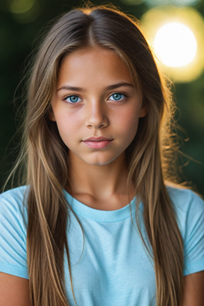 a (detailed portrait) from a tanned (young innocent girl), round, angelic face, flawless soft skin, long soft straight light brown hair, white t-shirt, light blue eyes, (full kissable lips)