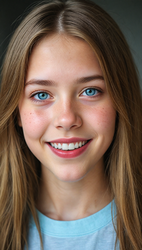 a (detailed portrait) from a silvery-skinned (young innocent girl), round, angelic face, flawless soft skin, long soft straight light brown hair, white t-shirt, light blue eyes, (full red lips), warm smile, white teeth