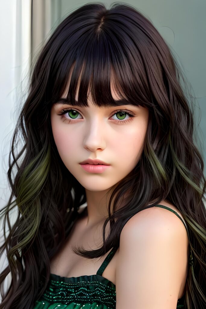 ((gorgeous)) ((stunning)) ((portrait)) masterpiece of teen girl detailed face with green eyes, black wavy hair, bangs cut