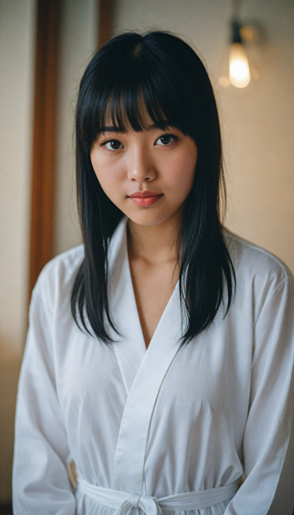 ortrait of a cute Asian girl, black straight hair, bangs cut, white night suit