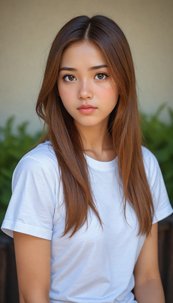 a stunningly elegant and cute Asian teenage girl with long, straight hazelnut hair, with a (realistically detailed angelic round face) and (realistically detailed hazelnut eyes) looking pensively at the camera, wearing a (super short, tight white t-shirt)