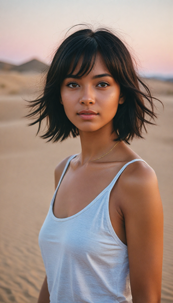 a captivating upper-body portrait of a brown-skinned young woman with an elegant, curvaceous silhouette, her softly cascading straight black hair framing her face with delicate side bangs. Her full lips are slightly parted in a serene smile, accentuating her youthful exuberance. She dons a flowing, ethereal white tank top that billows gently in the warm desert breeze, contrasting beautifully with the sun-kissed tones of her skin. The backdrop features an endless expanse of golden sand dunes, with the soft hues of a sunset painting the sky in shades of pink and orange, while delicate desert flowers peek through the sand, adding a touch of vibrancy to the tranquil scene. The overall atmosphere radiates warmth and calm, evoking a sense of beauty and freedom.