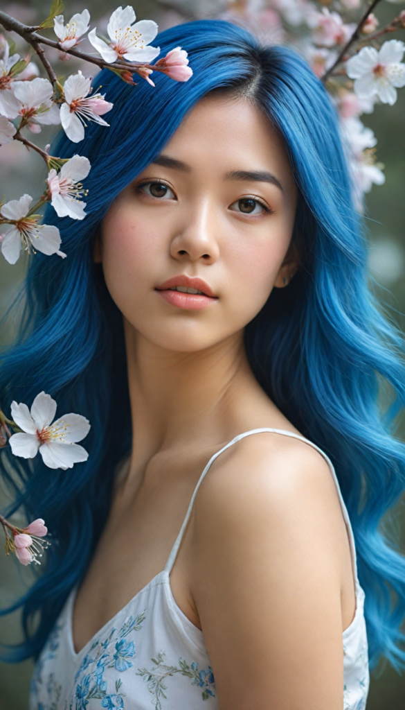 a hyper-realistic, intricately detailed portrait of a stunning young Asian girl with flowing, sapphire-blue hair that cascades like silk. Her gentle gaze is both playful and introspective, inviting the viewer into her world. She wears a delicate white tank top adorned with subtle floral embroidery, which softly contrasts with the vibrant hues of her hair. The background is a dreamy blend of soft pastel colors, evoking a serene atmosphere, with hints of sunlight filtering through a cherry blossom tree, adding a touch of ethereal beauty to the scene.