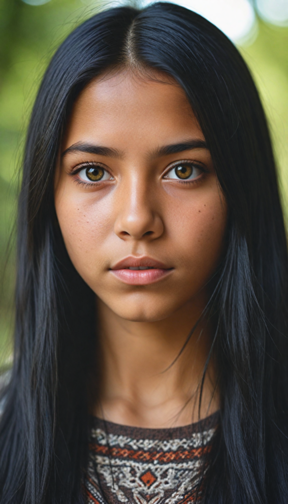 super realistic, 4k, detailed face, cute young Indigenous girl, long obsidian black straight soft hair, looks at the camera, portrait shot, super realistic amber eyes