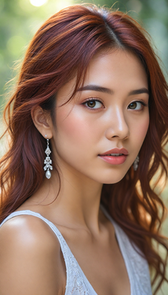 hyper-realistic, intricately detailed portrait of a stunning young Asian woman with flowing, soft red hair cascading down her shoulders, caught in an ethereal glow. Her enchanting round eyes sparkle with depth and emotion, inviting the viewer into her world. She wears a delicate, flowing white tank top that hints at elegance, accessorized with shimmering silver earrings. The background features a dreamlike bokeh of soft pastel colors, blending seamlessly to enhance her beauty, with hints of floral motifs echoing a whimsical fairytale vibe. The lighting is warm and inviting, casting gentle shadows that accentuate her features, creating a sense of serenity and charm.