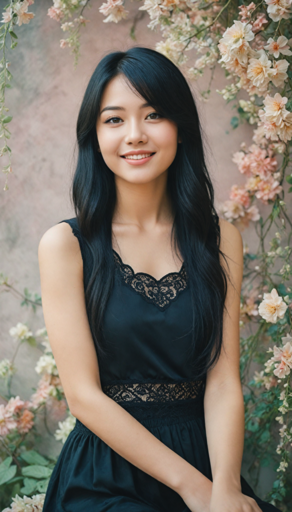 a young girl with an air of whimsy, sporting a playful cropped black tank top adorned with delicate lace edges, her silky, straight long black hair cascading like a waterfall, a round face radiating youthful charm, her full, kissable lips curved into a mischievous smile, sparkling round eyes that shimmer like stars, flawless skin glowing with a soft luminescence, surrounded by a dreamy, ethereal background of pastel colors and whimsical floral accents, reminiscent of a modern fairy tale illustration.