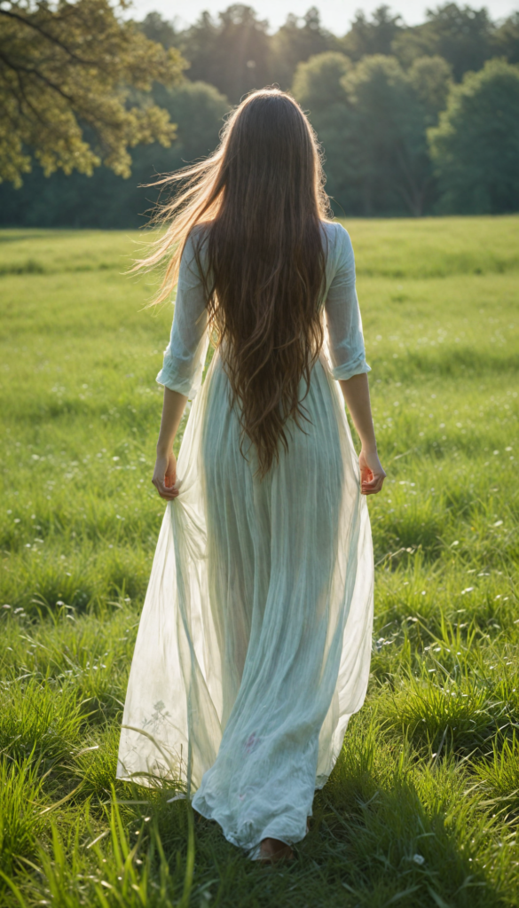 a young girl with soft long straight hair cascading down her back, stands in front of viewer in a green sunny meadow. The scene is infused with an ethereal glow, reminiscent of a dreamy impressionist painting. The girl wears a flowing white transparent dress, back view