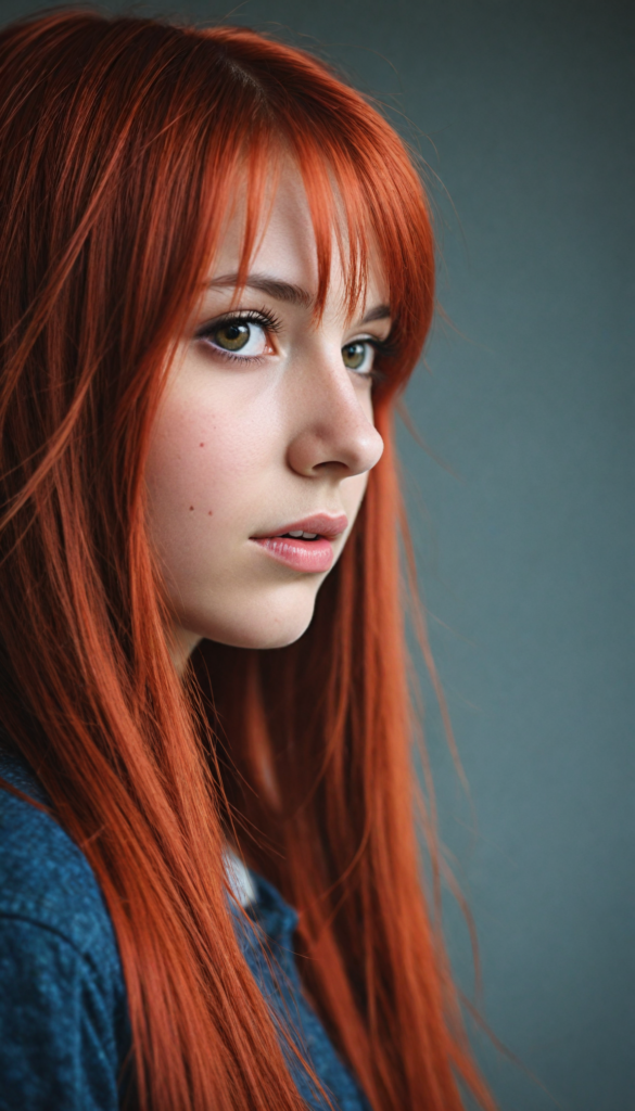 a realistic, detailed, dynamic photography from a beautiful young teen (Emo girl), with (detailed red long soft straight hair), looking into the camera, dynamic cinematic lights, perfect detailed face, side view, (close up portrait), (stunning), (gorgeous), (grey background)