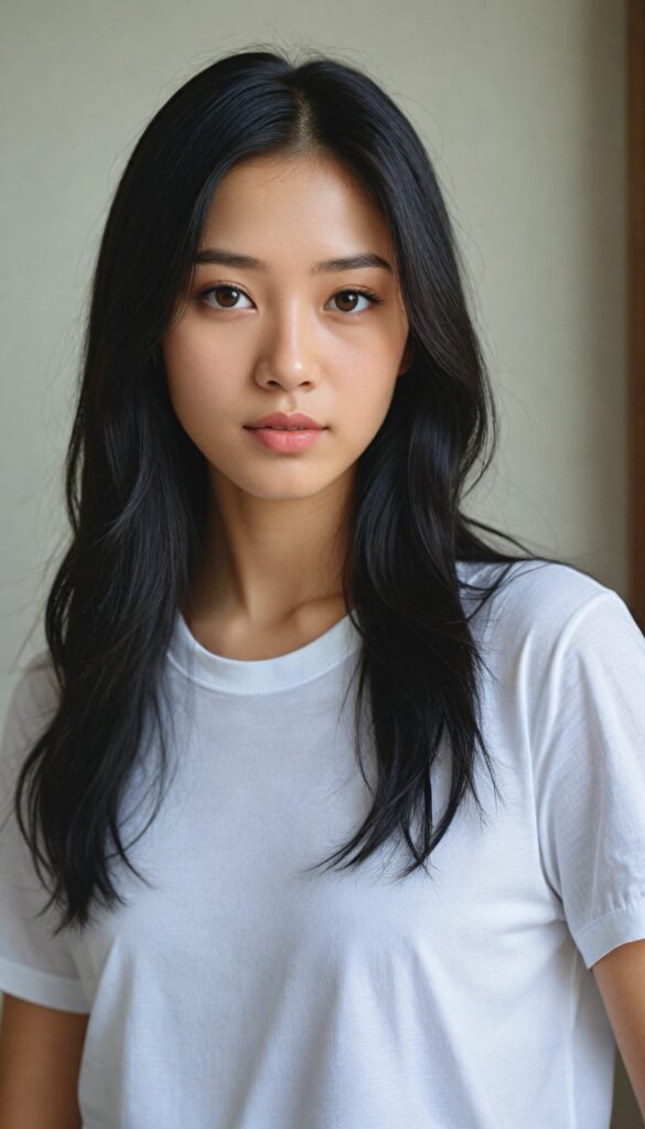 a breathtakingly (realistic portrait), capturing the essence of youthful beauty, featuring a (Asian teen girl) who exudes (serene elegance), with long, flowing (straight black hair), and a (flawlessly detailed angelic face), where her (soft, realistic hazelnut eyes), she is clad in a white T-shirt, with flawless anatomical proportions that draw the eye, against a (subtle, uncluttered backdrop of white). The overall atmosphere evokes a (cinematic sophistication) that exudes timeless appeal