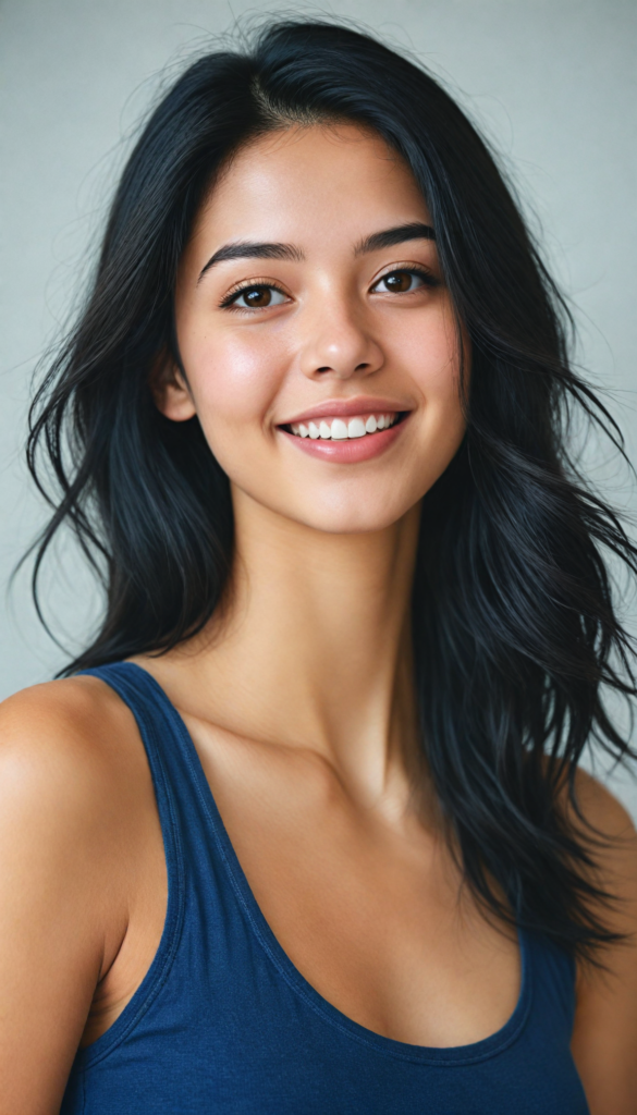 a (breathtakingly realistic portrait) capturing the essence of a cute youthful teen girl, 18 years old, warm smile, with a flawlessly proportioned upper body, perfect curved fit body, (straight, long, soft obsidian black hair), flawless, beautiful smooth skin, round angelic face with full kissable lips, wearing a thin and super sleek tank top, poised confidently against a (white canvas background)