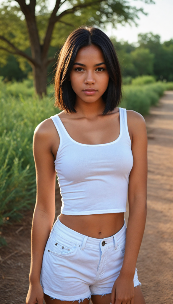 a beautifully upper body portrait (dark-skinned young busty teen girl) with softly (straight black hair), full lips, (full body), she wears a white short crop tank top, perfect curved body, in a dessert